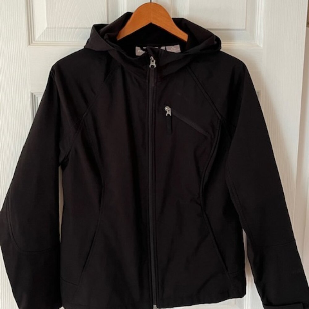 FREE TECH | Women's Softshell Jacket Black Hooded Zip Up Athletic Sz 8-10 -EUC